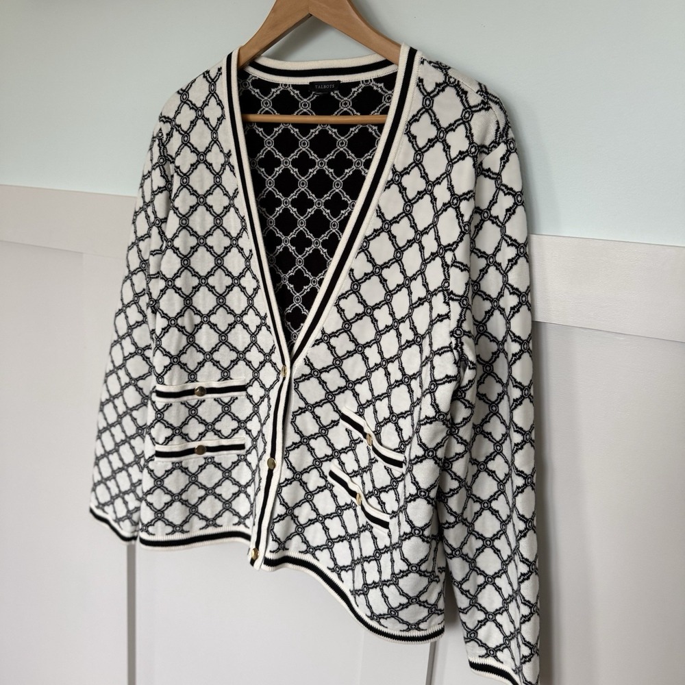 Talbots V-Neck Cardigan Lattice Jacquard XL Black Off White Career Casual Preppy - Picture 3 of 9